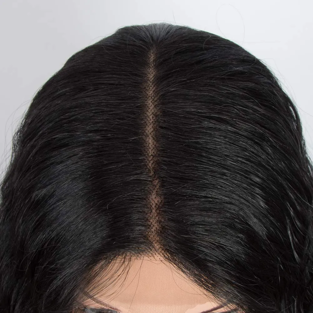 DÉBUT Lace Front Wigs 30 inches Water Wave Super Long Synthetic Wigs with Baby Hair Heat Resistant 240g 6 inches Lace Parting 150% Density (Natural Black)