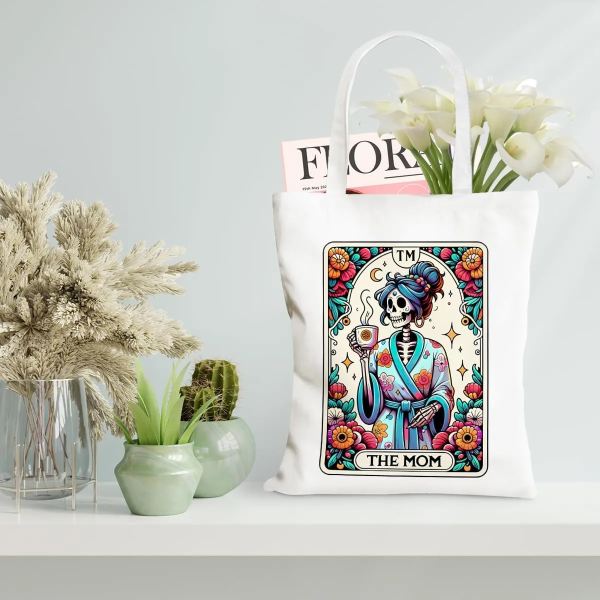 Decohim Funny Skull Tarot Card Sarcastic Canvas Tote Bag Witchy Gifts for Women Grocery Bags for Halloween Birthday