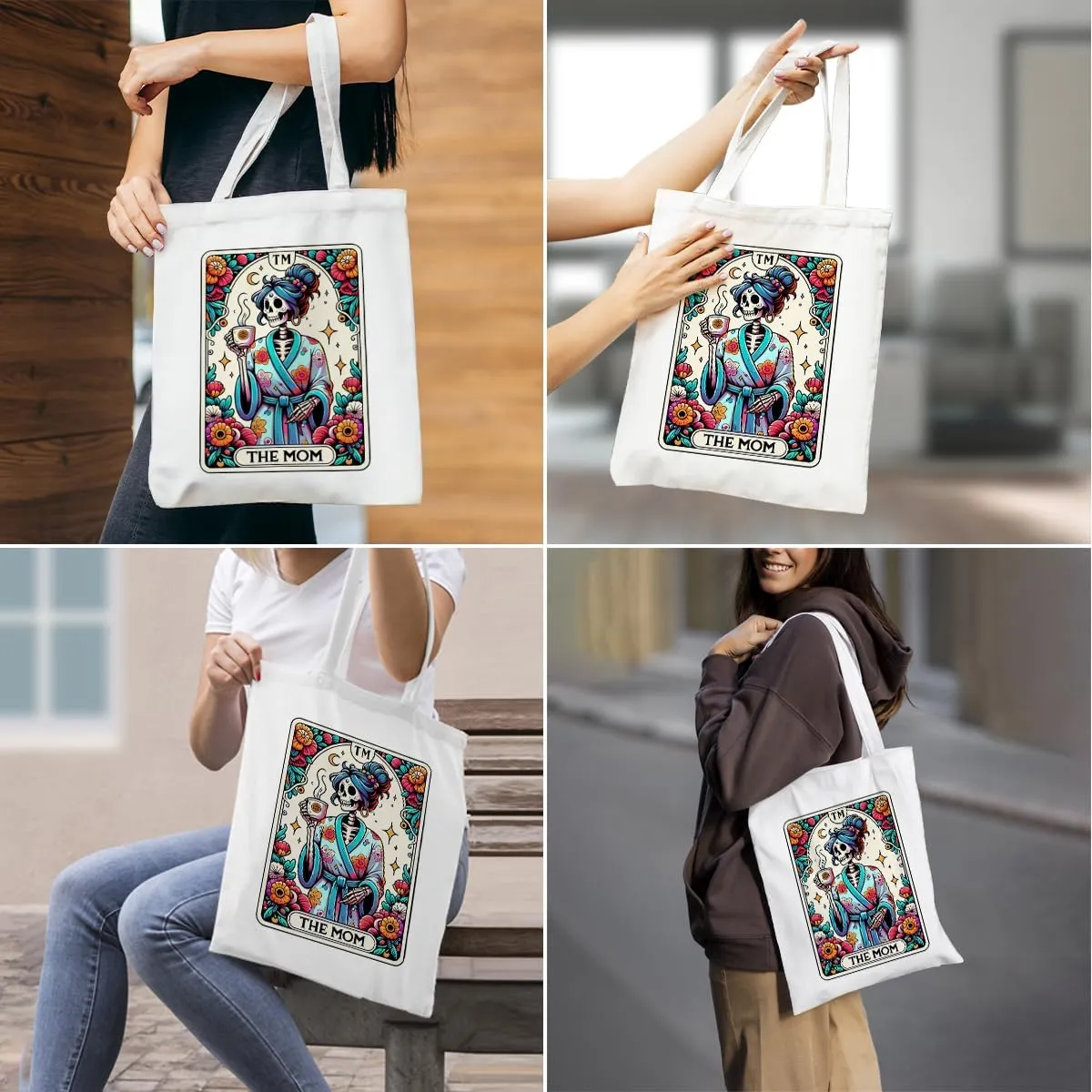 Decohim Funny Skull Tarot Card Sarcastic Canvas Tote Bag Witchy Gifts for Women Grocery Bags for Halloween Birthday