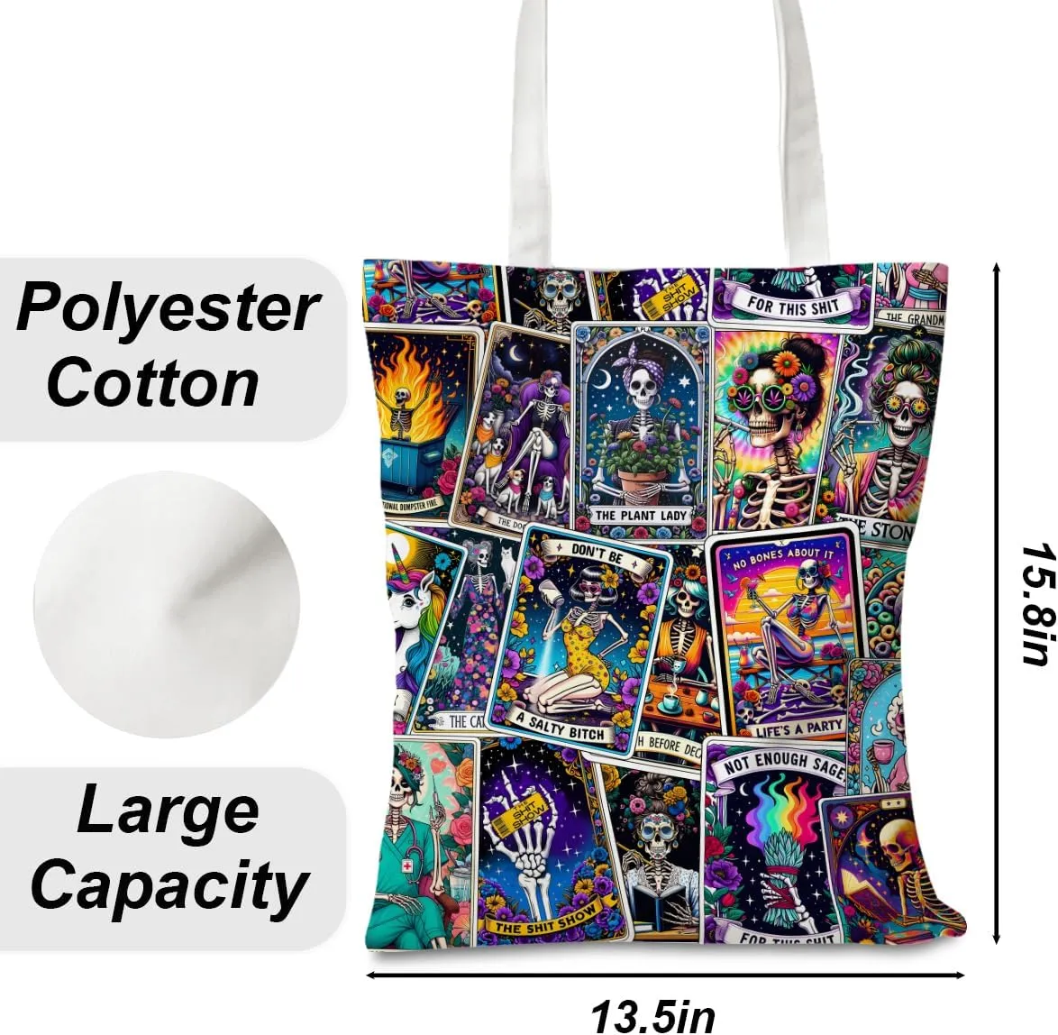 Decohim Funny Skull Tarot Card Sarcastic Canvas Tote Bag Witchy Gifts for Women Grocery Bags for Halloween Birthday
