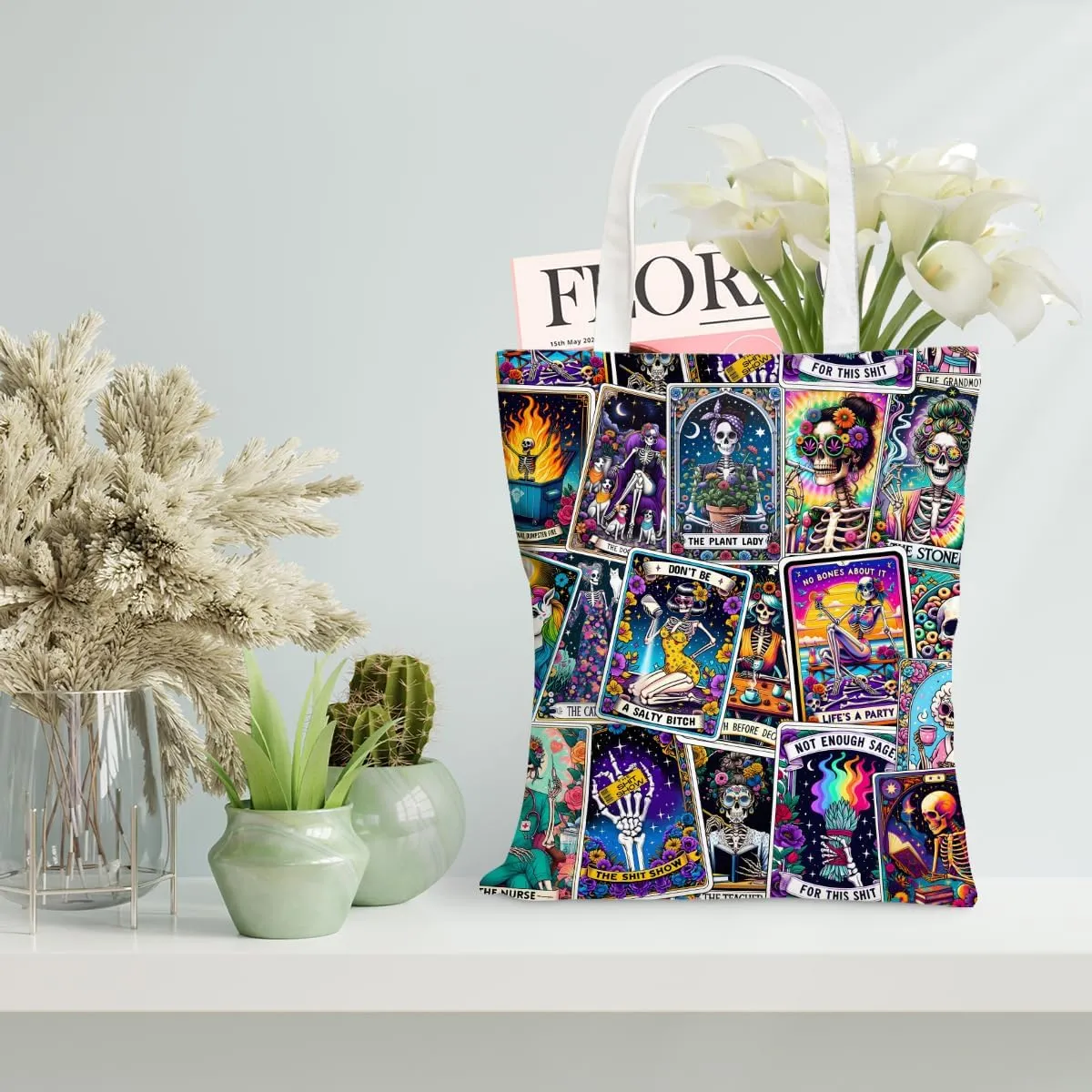 Decohim Funny Skull Tarot Card Sarcastic Canvas Tote Bag Witchy Gifts for Women Grocery Bags for Halloween Birthday