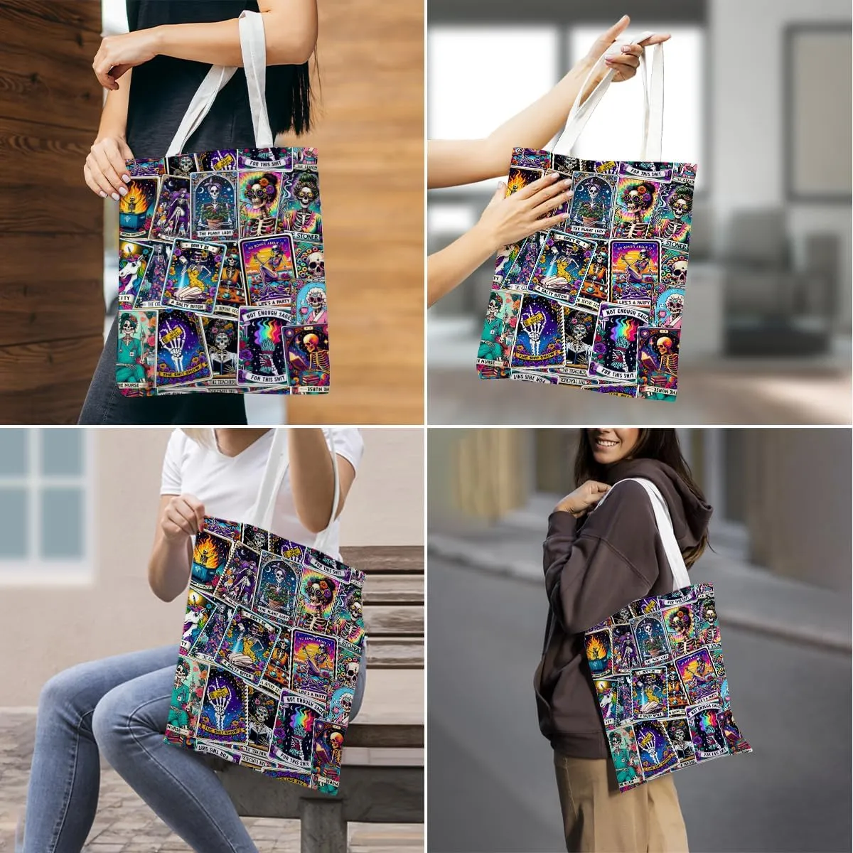 Decohim Funny Skull Tarot Card Sarcastic Canvas Tote Bag Witchy Gifts for Women Grocery Bags for Halloween Birthday