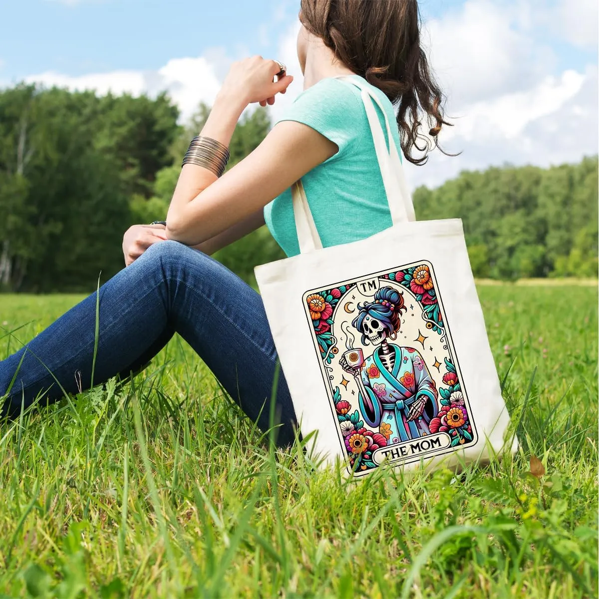 Decohim Funny Skull Tarot Card Sarcastic Canvas Tote Bag Witchy Gifts for Women Grocery Bags for Halloween Birthday