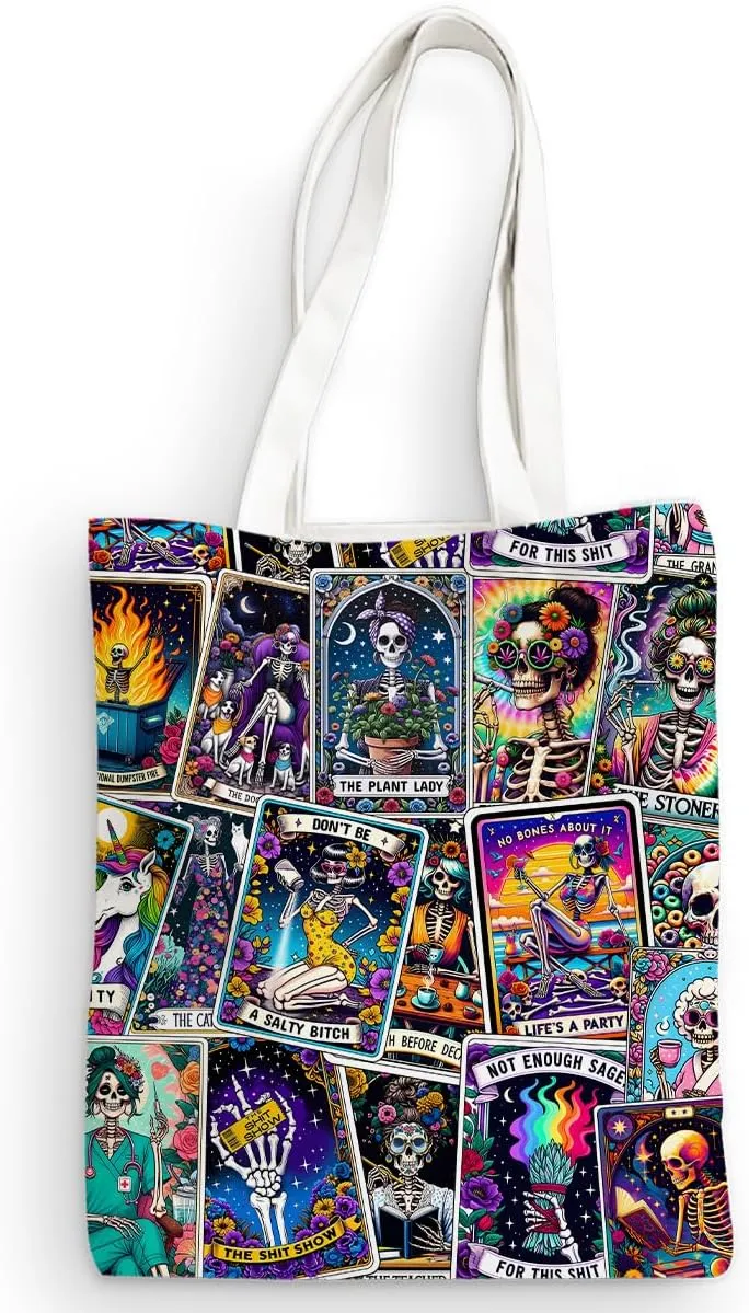 Decohim Funny Skull Tarot Card Sarcastic Canvas Tote Bag Witchy Gifts for Women Grocery Bags for Halloween Birthday