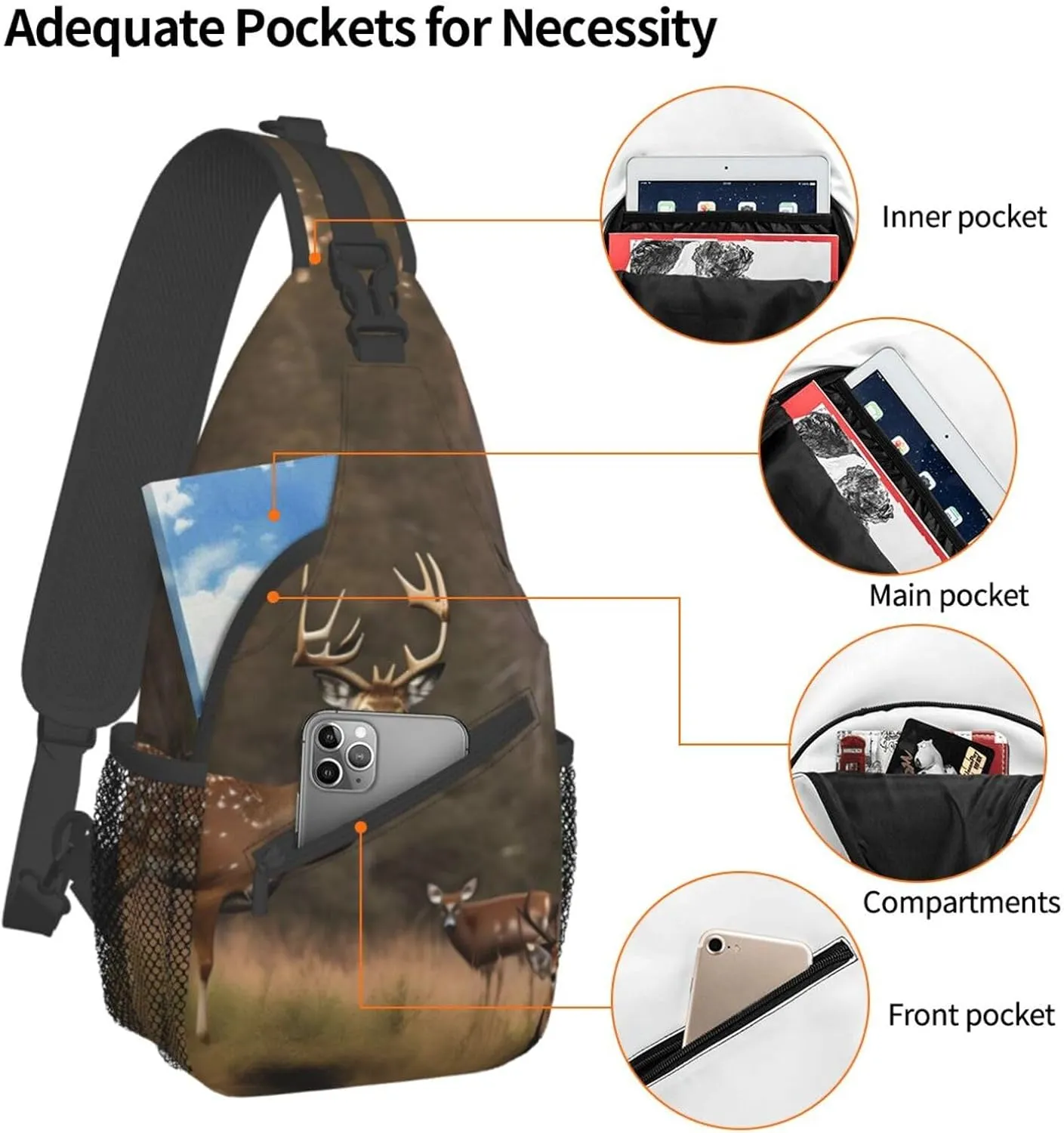 Deer Hunting Unisex Casual Diagonal Chest Bag,Multipurpose Crossbody Shoulder Bag Travel Hiking Daypack