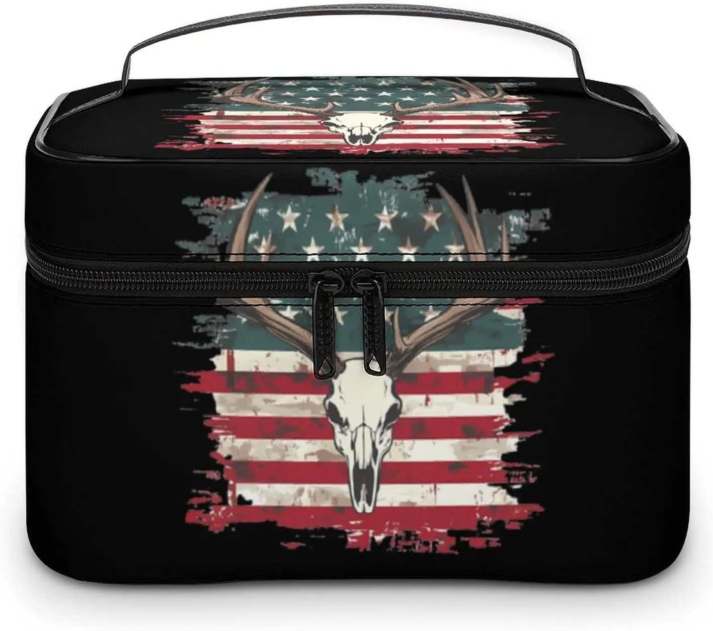 Deer Skull U.S. Flag Portable Makeup Bag Large Capacity Toiletry Receiving Cosmetic Bags With Handle And Divider