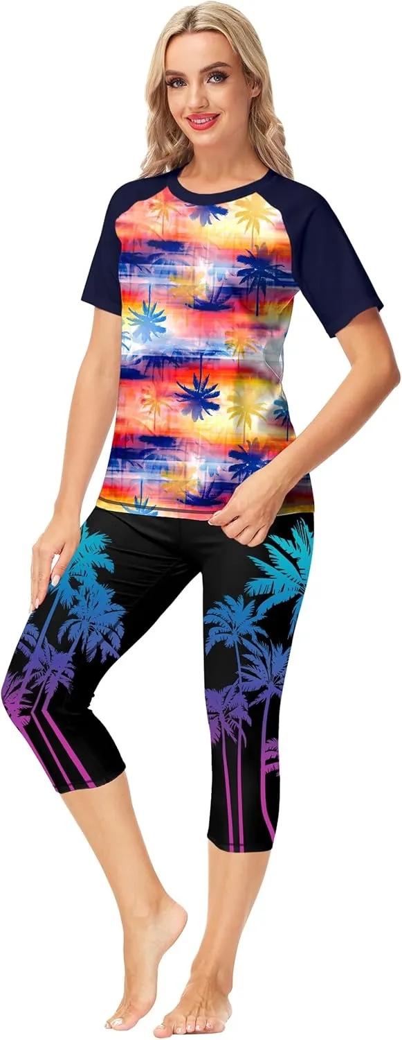 Deerose Women Short Sleeve Rash Guard Tropical Palm Tree Sun Protection Uv Shirts