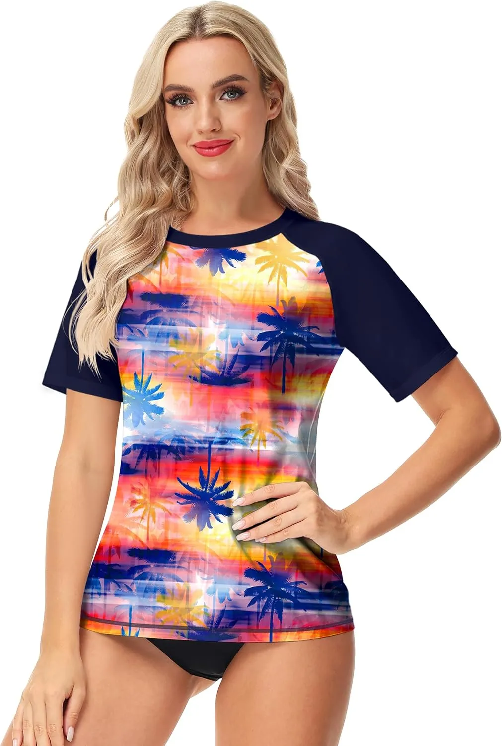 Deerose Women Short Sleeve Rash Guard Tropical Palm Tree Sun Protection Uv Shirts