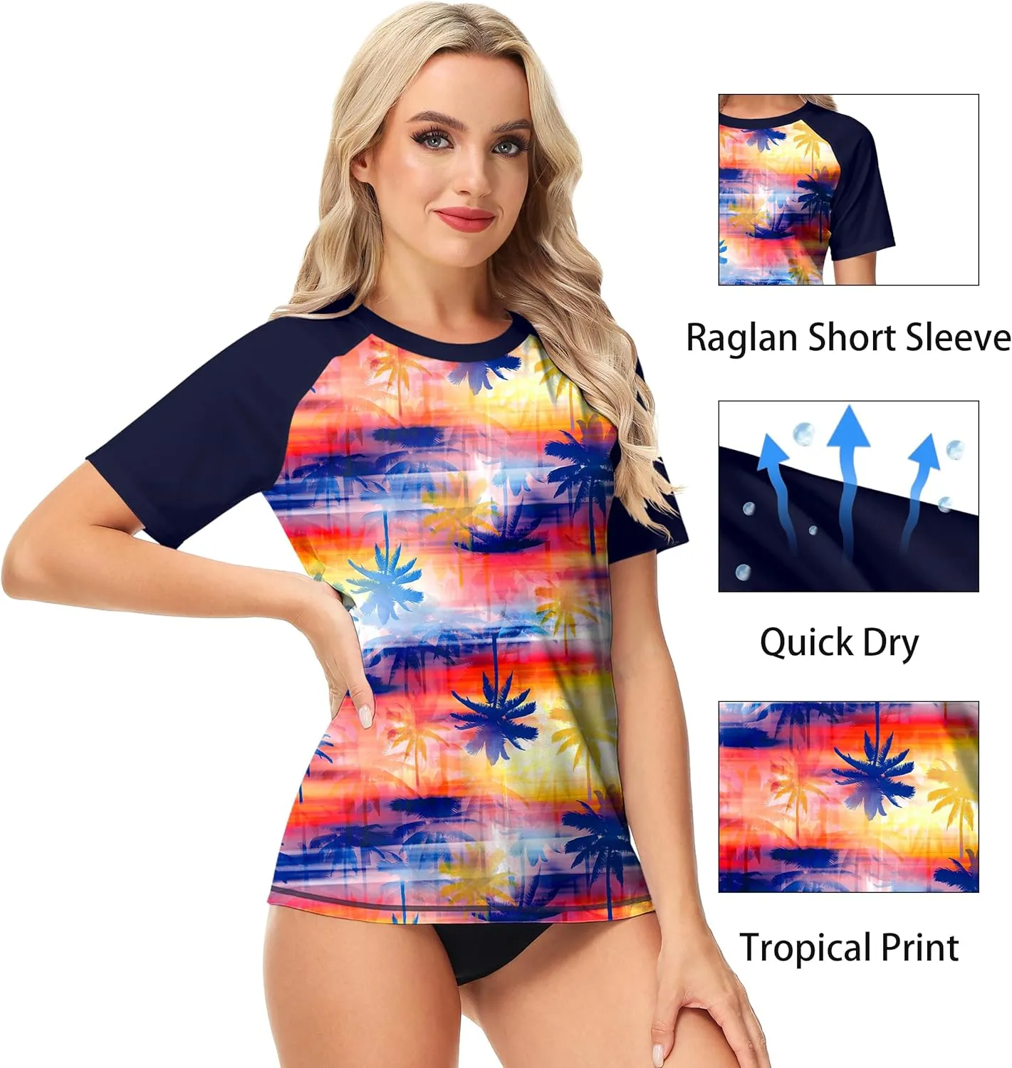 Deerose Women Short Sleeve Rash Guard Tropical Palm Tree Sun Protection Uv Shirts