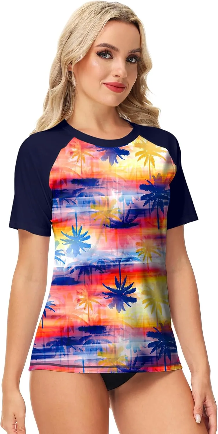 Deerose Women Short Sleeve Rash Guard Tropical Palm Tree Sun Protection Uv Shirts