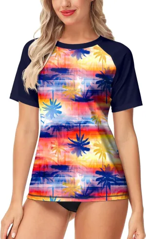Deerose Women Short Sleeve Rash Guard Tropical Palm Tree Sun Protection Uv Shirts