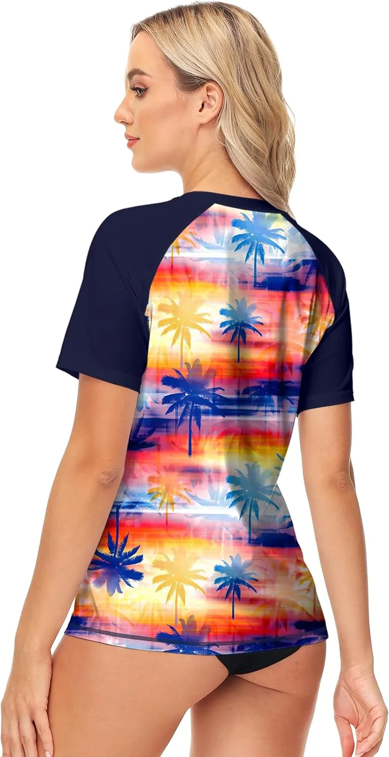 Deerose Women Short Sleeve Rash Guard Tropical Palm Tree Sun Protection Uv Shirts