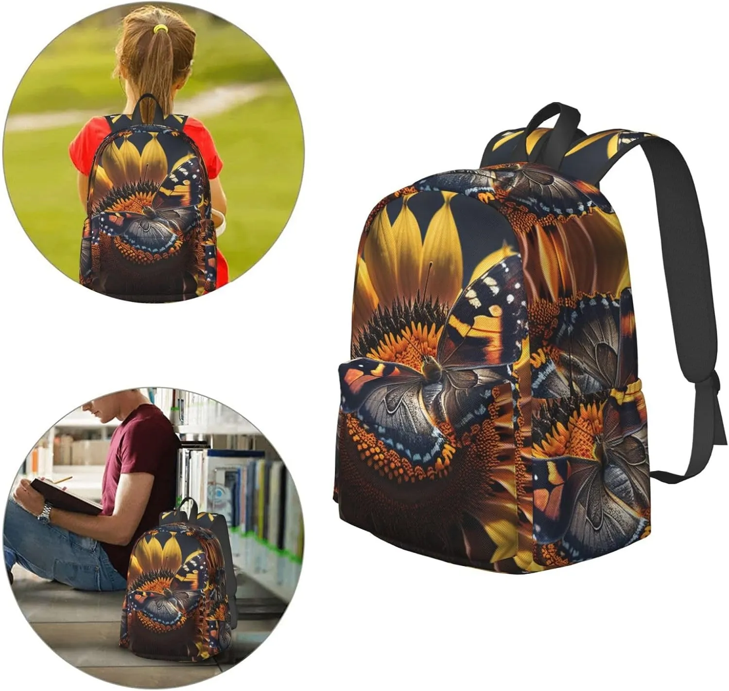 Delerain 17 Inch Backpack Butterfly and Sunflower Laptop Backpack School Bookbag Shoulder Bag Casual Daypack For School/Camping/Hiking/Picnic/Beach/Travel