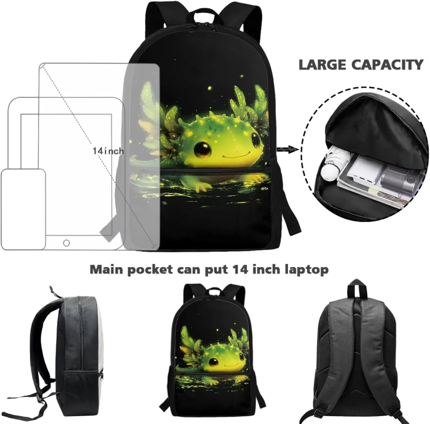 Dolyues Axolotl Boys Backpacks Ages 6-8 with Lunch Box Cool Toddler Boys Backpack with Pen Bag Insulated Bottle 4pcs Lightweight Boys Bookbag Age 10-12 for High School Middle School Student