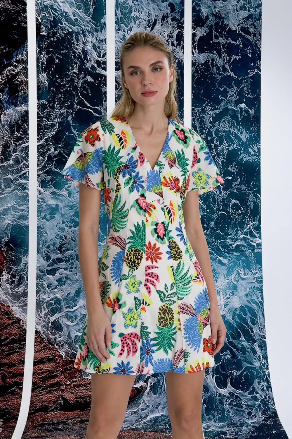 Donna Morgan Floral Print Mini Summer V-Neck A-line Casual Flutter Sleeves, Beach Dresses for Women