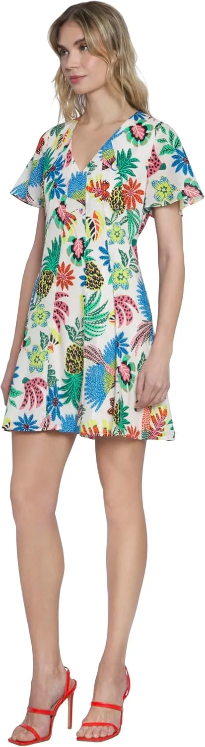 Donna Morgan Floral Print Mini Summer V-Neck A-line Casual Flutter Sleeves, Beach Dresses for Women