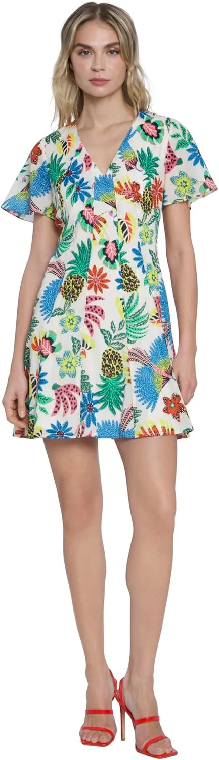 Donna Morgan Floral Print Mini Summer V-Neck A-line Casual Flutter Sleeves, Beach Dresses for Women
