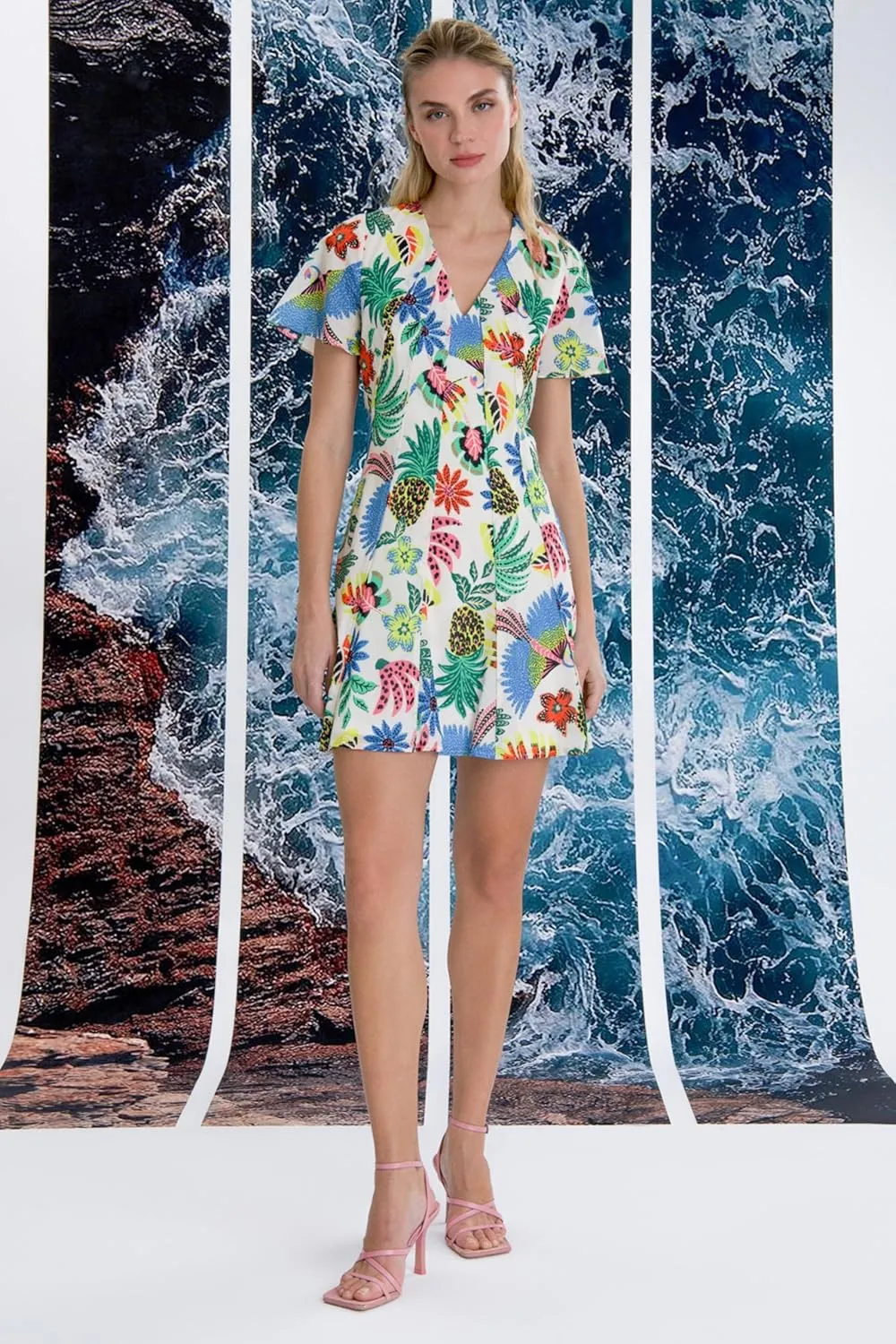 Donna Morgan Floral Print Mini Summer V-Neck A-line Casual Flutter Sleeves, Beach Dresses for Women