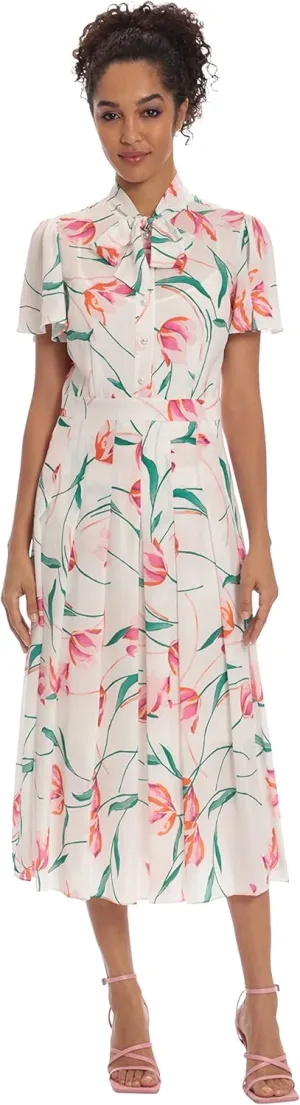 Donna Morgan Women's Floral Printed Short Sleeve Midi with Pleated Skirt and Neck Tie