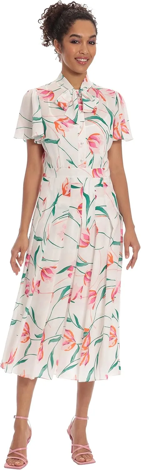 Donna Morgan Women's Floral Printed Short Sleeve Midi with Pleated Skirt and Neck Tie