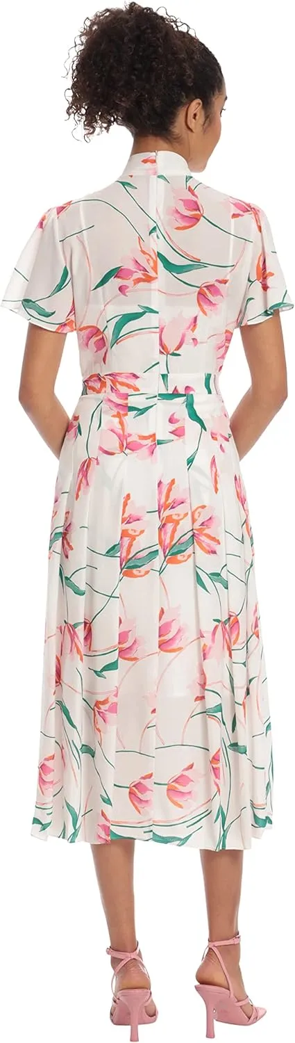 Donna Morgan Women's Floral Printed Short Sleeve Midi with Pleated Skirt and Neck Tie