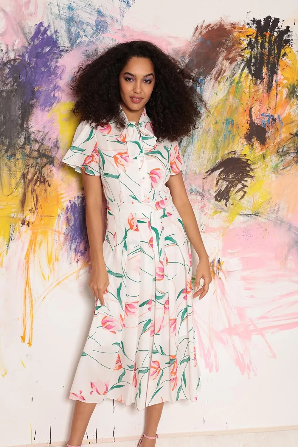 Donna Morgan Women's Floral Printed Short Sleeve Midi with Pleated Skirt and Neck Tie