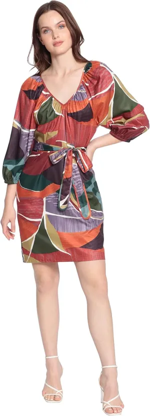 Donna Morgan Women's Shirred V-Neck Mini Dress with Puff Sleeves and Tie Waist