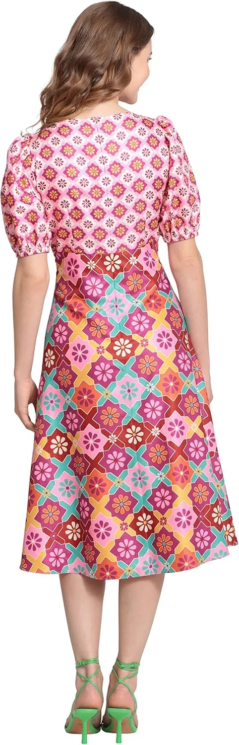 Donna Morgan Women's V-Neck Midi with Puff Sleeves