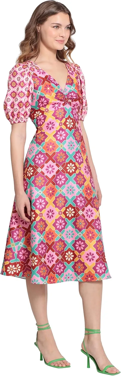 Donna Morgan Women's V-Neck Midi with Puff Sleeves