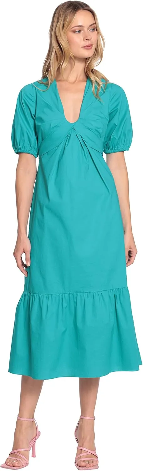 Donna Morgan Women's V-Neck Midi with Twist Empire Detail and Short Sleeves