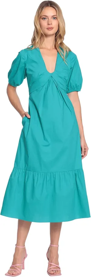 Donna Morgan Women's V-Neck Midi with Twist Empire Detail and Short Sleeves