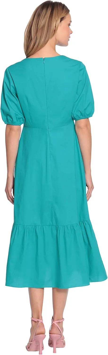 Donna Morgan Women's V-Neck Midi with Twist Empire Detail and Short Sleeves