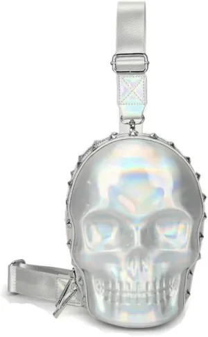 DownDown Gothic Wristlet Bags Purse 3D Skull Head Clutch Leather Purses Belt Bag Phone Packets Hip-hop Zip Wallet Women&Men Unique Satchel-Silver