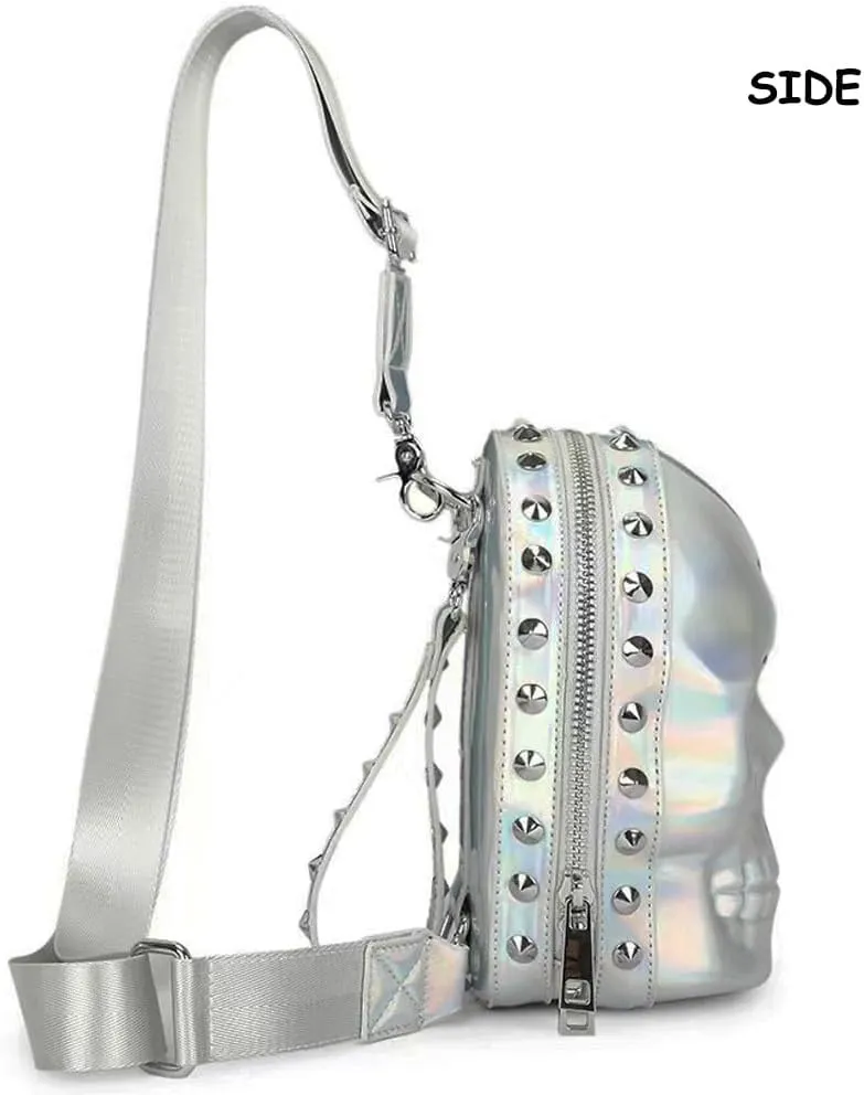 DownDown Gothic Wristlet Bags Purse 3D Skull Head Clutch Leather Purses Belt Bag Phone Packets Hip-hop Zip Wallet Women&Men Unique Satchel-Silver