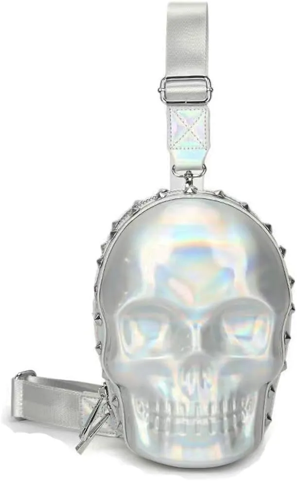 DownDown Gothic Wristlet Bags Purse 3D Skull Head Clutch Leather Purses Belt Bag Phone Packets Hip-hop Zip Wallet Women&Men Unique Satchel-Silver