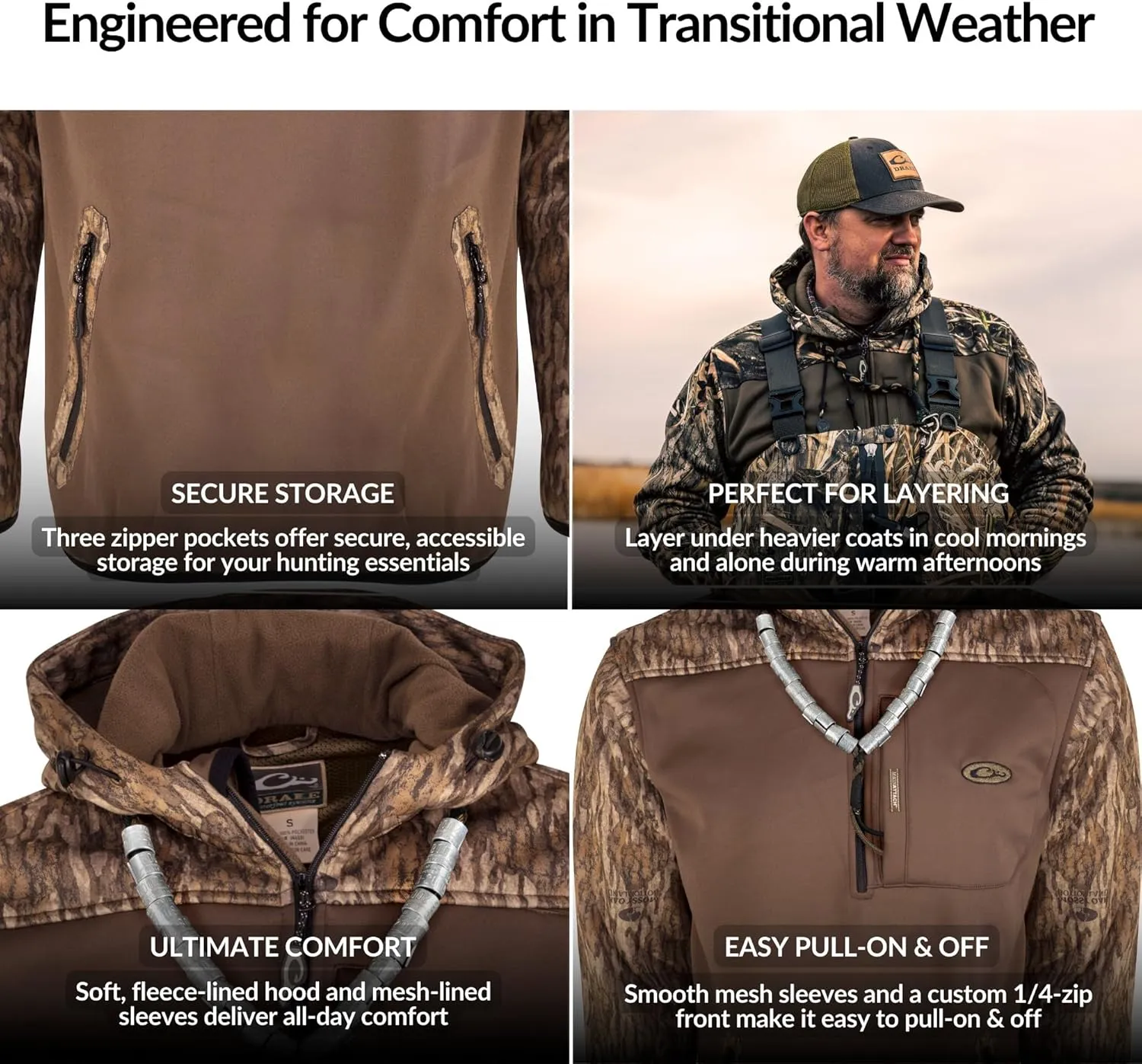 Drake Waterfowl Men's MST Endurance Soft Shell Camo Hunting Warm Quarter-Zip Hoodie with Chest Pocket & 2 Hip Zipper Pockets
