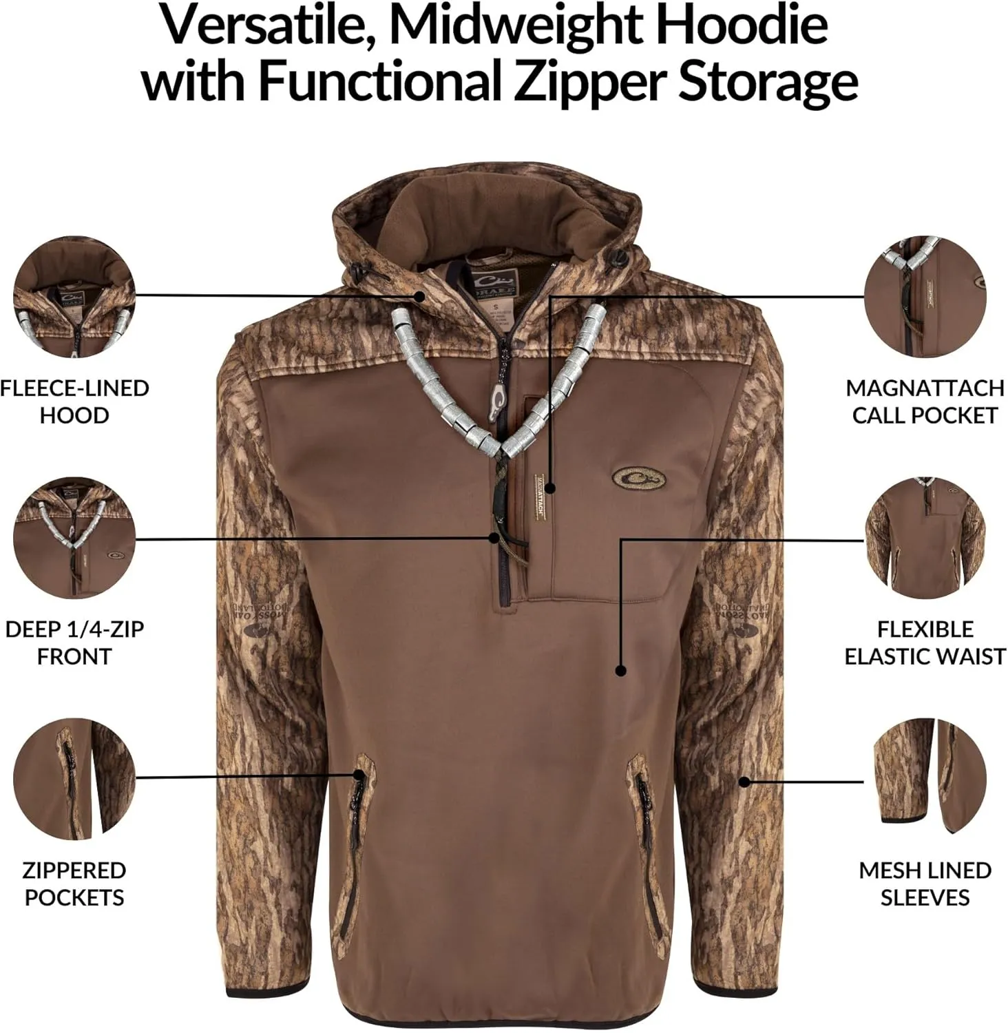 Drake Waterfowl Men's MST Endurance Soft Shell Camo Hunting Warm Quarter-Zip Hoodie with Chest Pocket & 2 Hip Zipper Pockets