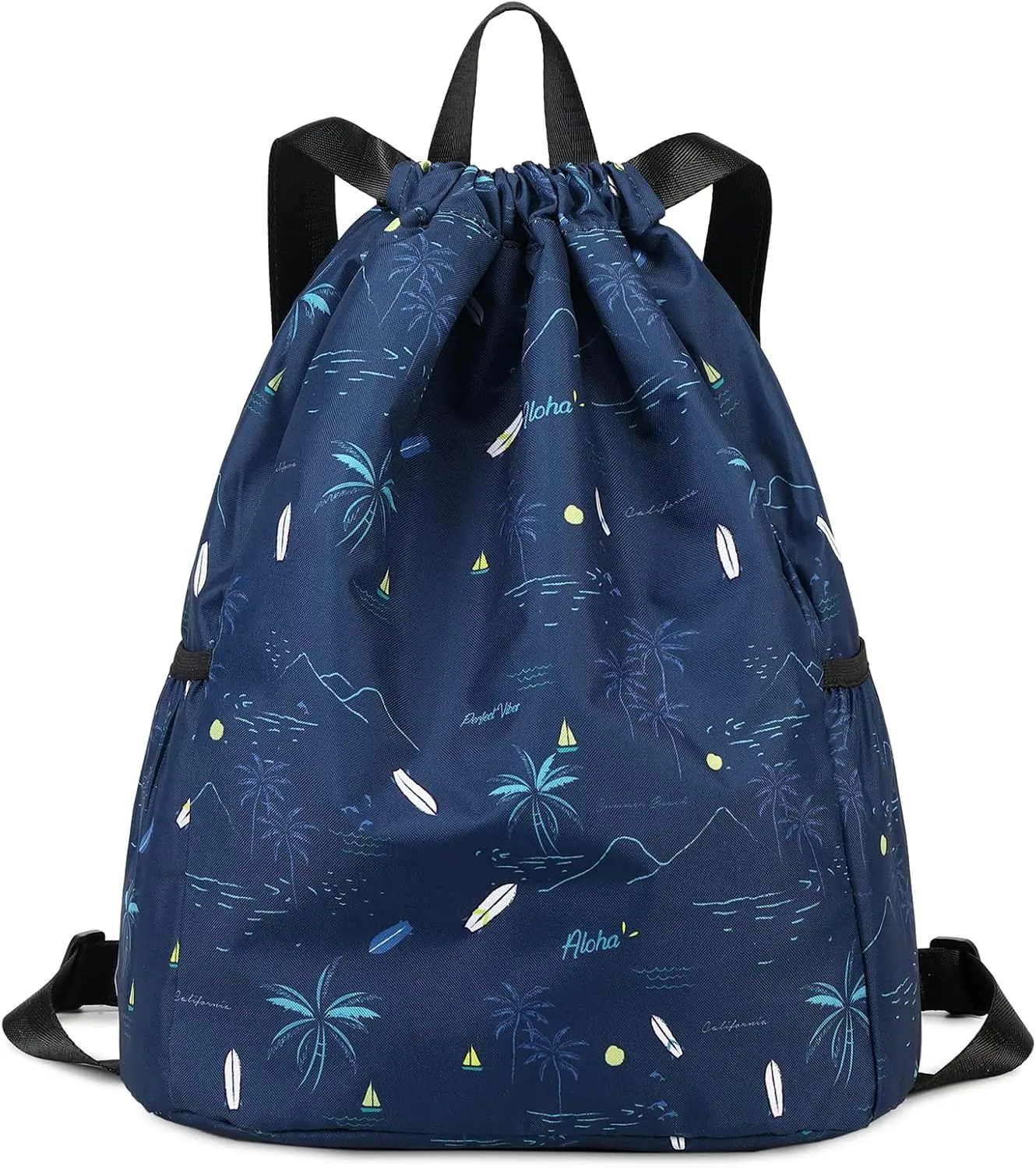Drawstring Backpack for Kids - Coconut Tree Bags for Girls Mini Gym Dance Beach Swim Travel Bag With Two Water Bottle Holder Dark Blue