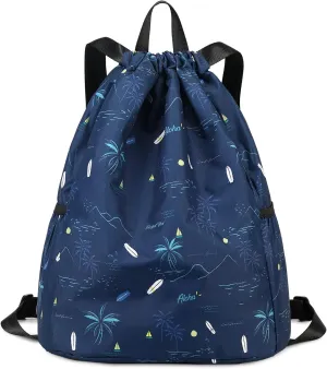 Drawstring Backpack for Kids - Coconut Tree Bags for Girls Mini Gym Dance Beach Swim Travel Bag With Two Water Bottle Holder Dark Blue