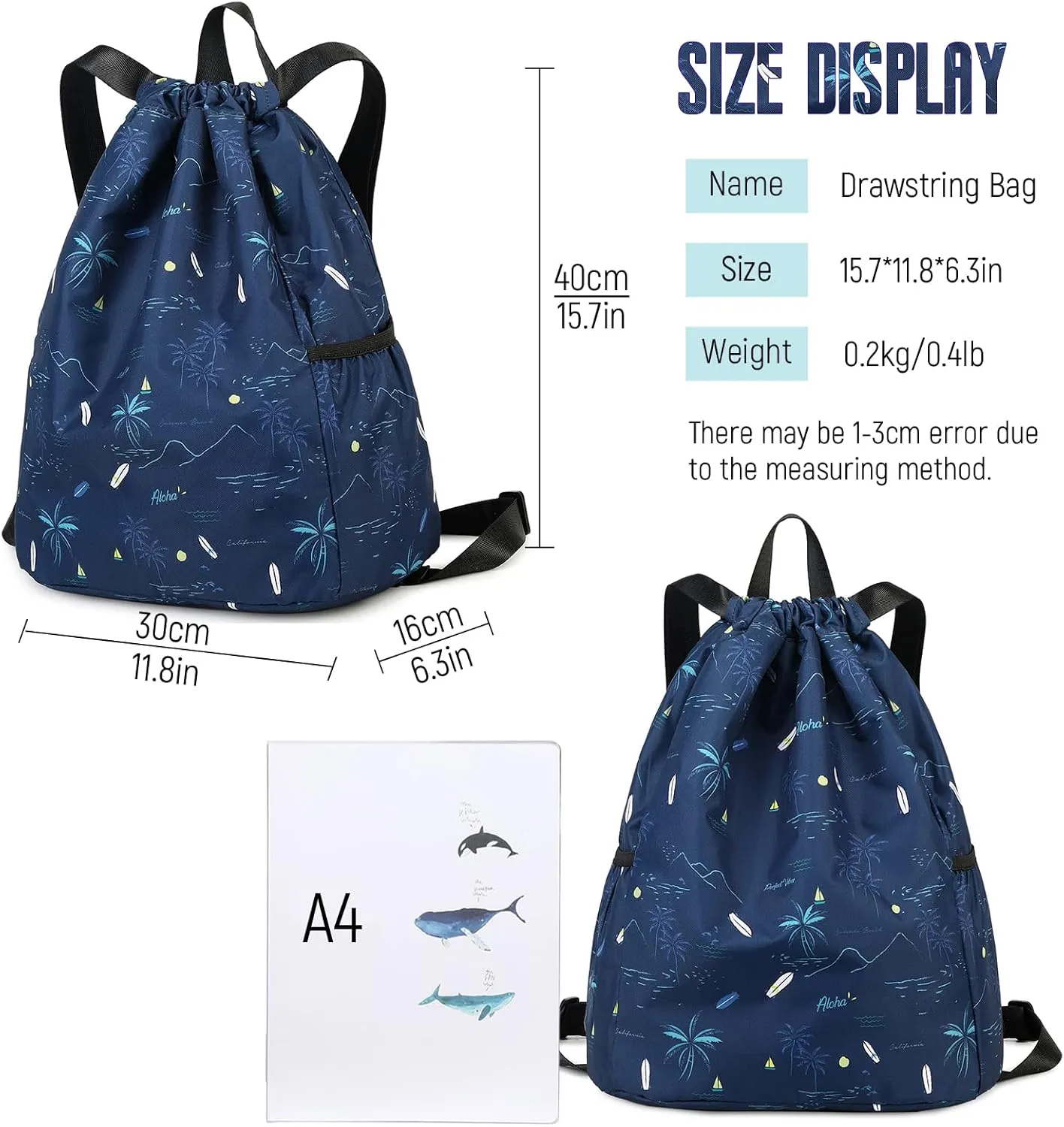 Drawstring Backpack for Kids - Coconut Tree Bags for Girls Mini Gym Dance Beach Swim Travel Bag With Two Water Bottle Holder Dark Blue