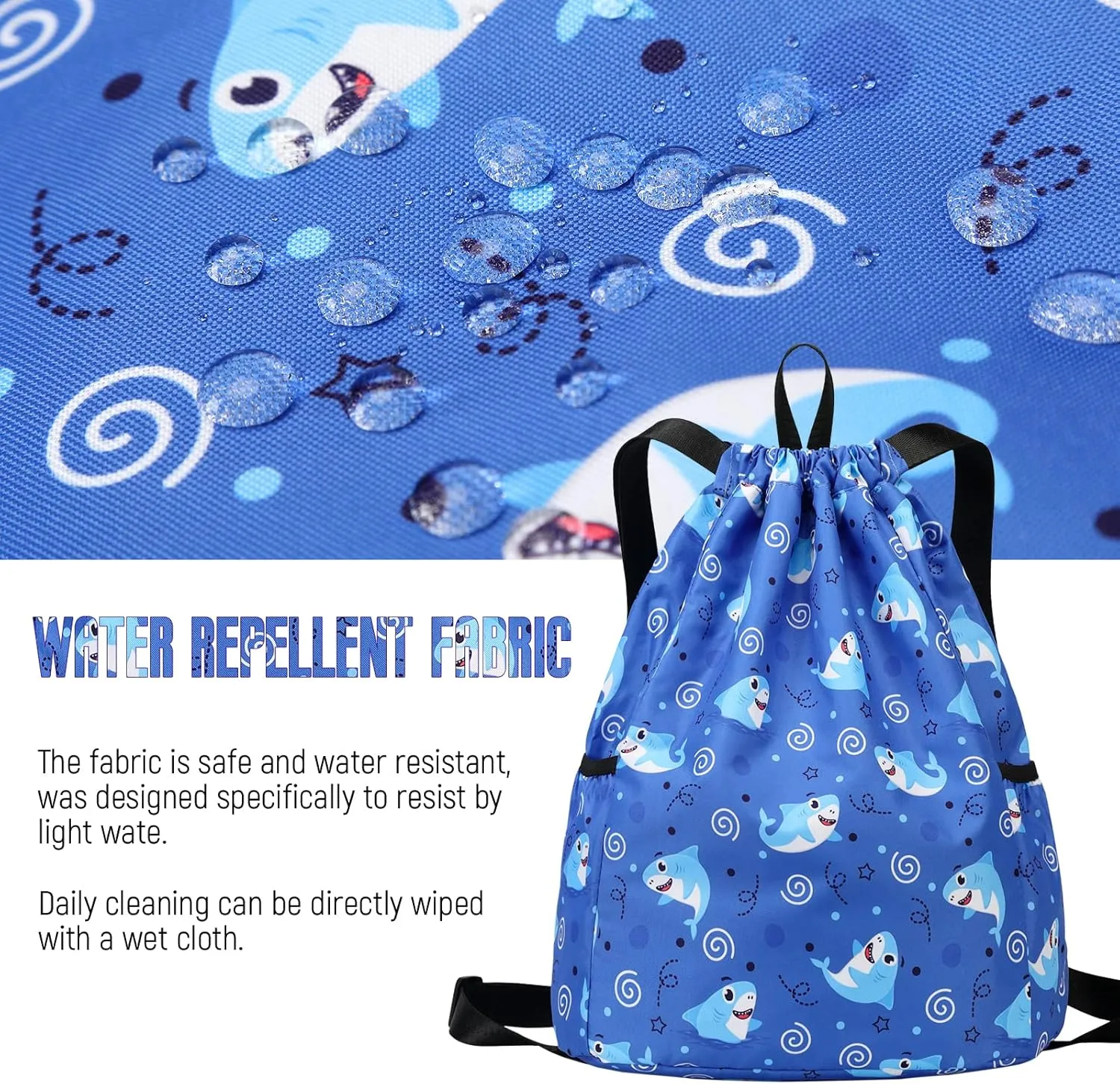 Drawstring Backpack for Kids - Coconut Tree Bags for Girls Mini Gym Dance Beach Swim Travel Bag With Two Water Bottle Holder Dark Blue