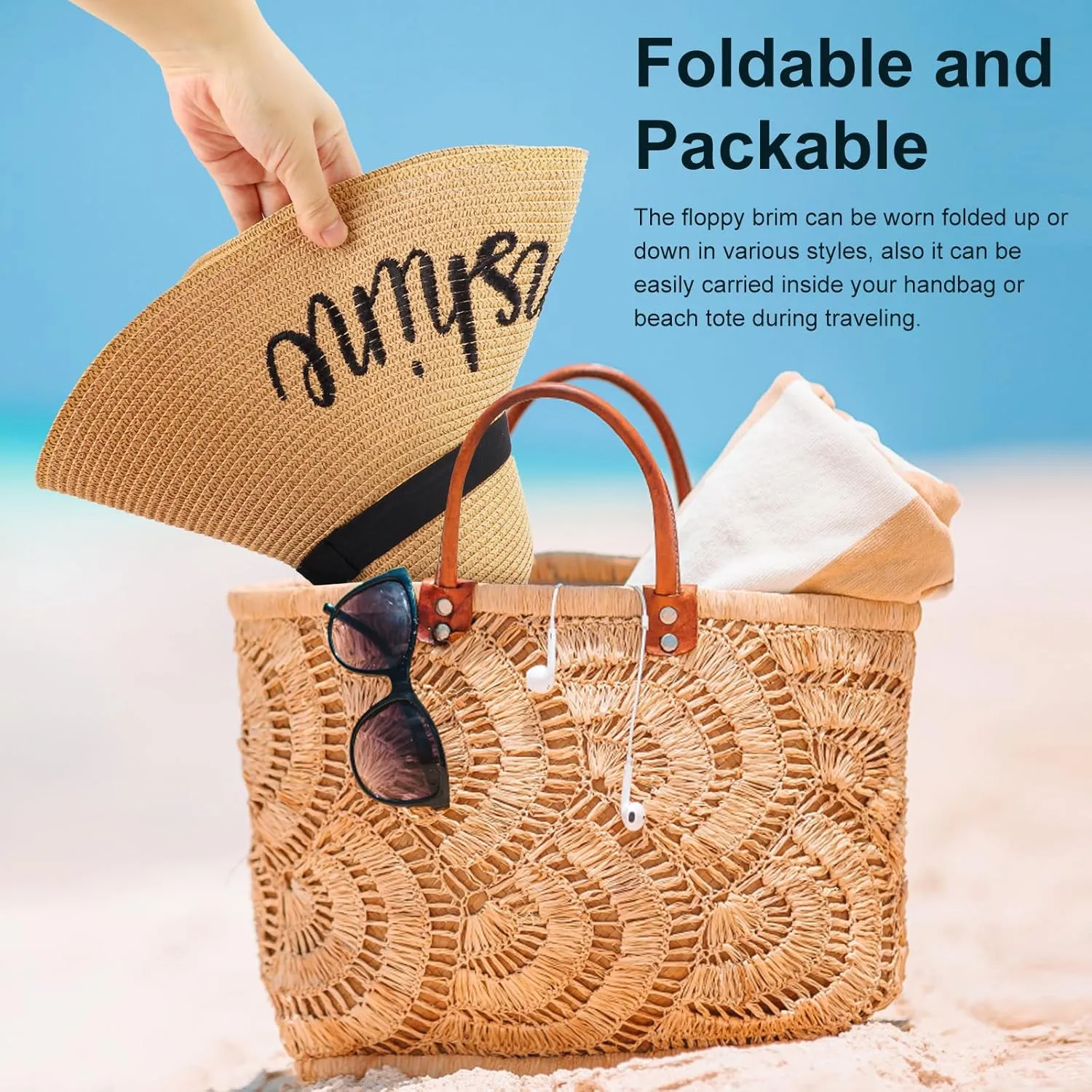 DRESHOW Beach Hats for Women Big Straw Wide Brim Summer Hat Floppy Foldable Roll up Cap Sun Hat UPF 50 