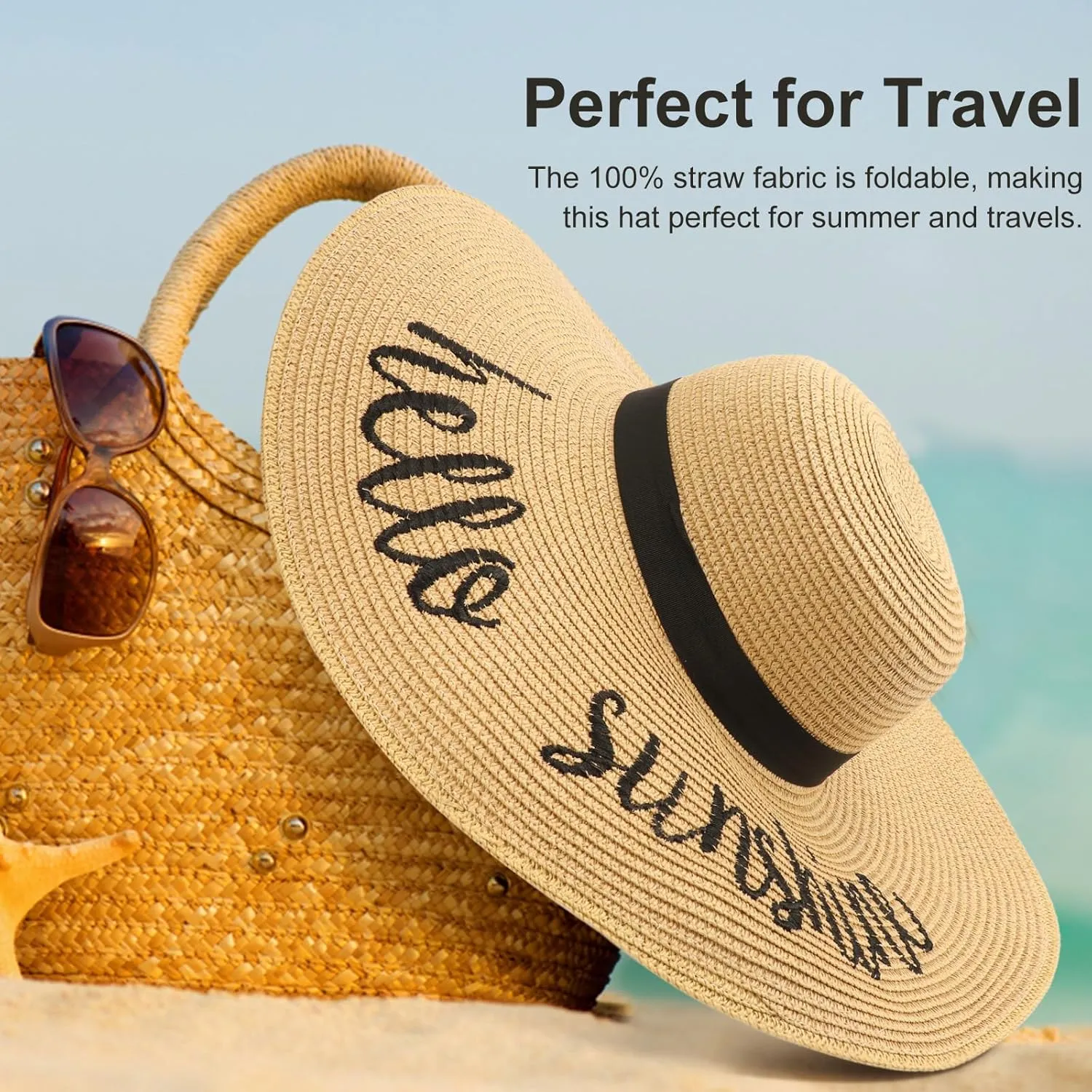 DRESHOW Beach Hats for Women Big Straw Wide Brim Summer Hat Floppy Foldable Roll up Cap Sun Hat UPF 50 