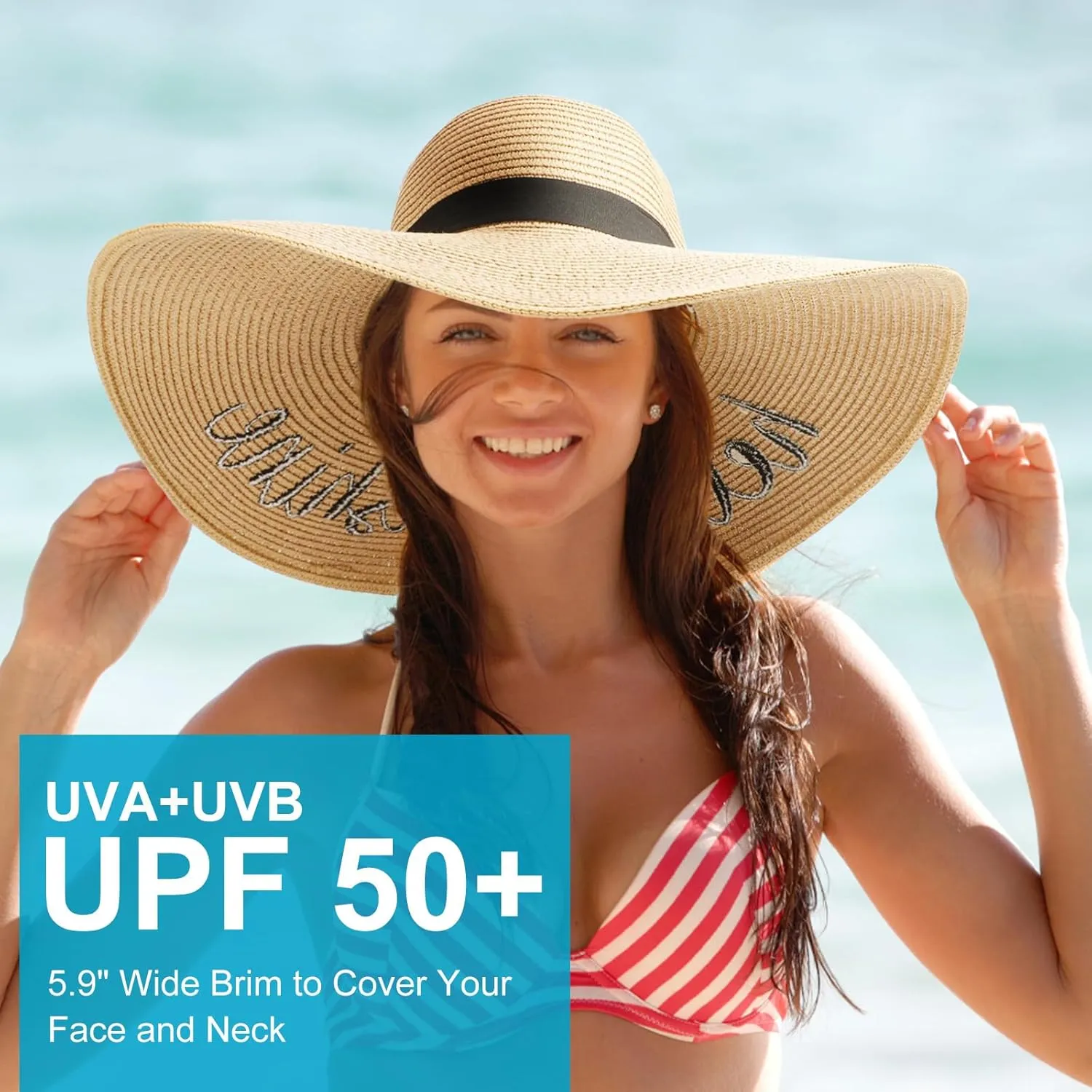 DRESHOW Beach Hats for Women Big Straw Wide Brim Summer Hat Floppy Foldable Roll up Cap Sun Hat UPF 50 