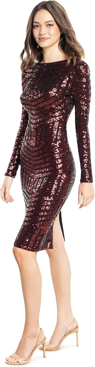Dress the Population Women's Emery Long Sleeve Stretch Sequin Midi Sheath