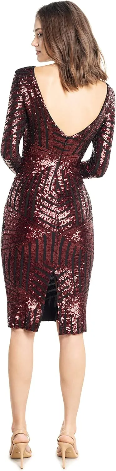 Dress the Population Women's Emery Long Sleeve Stretch Sequin Midi Sheath