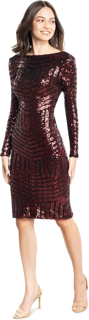 Dress the Population Women's Emery Long Sleeve Stretch Sequin Midi Sheath