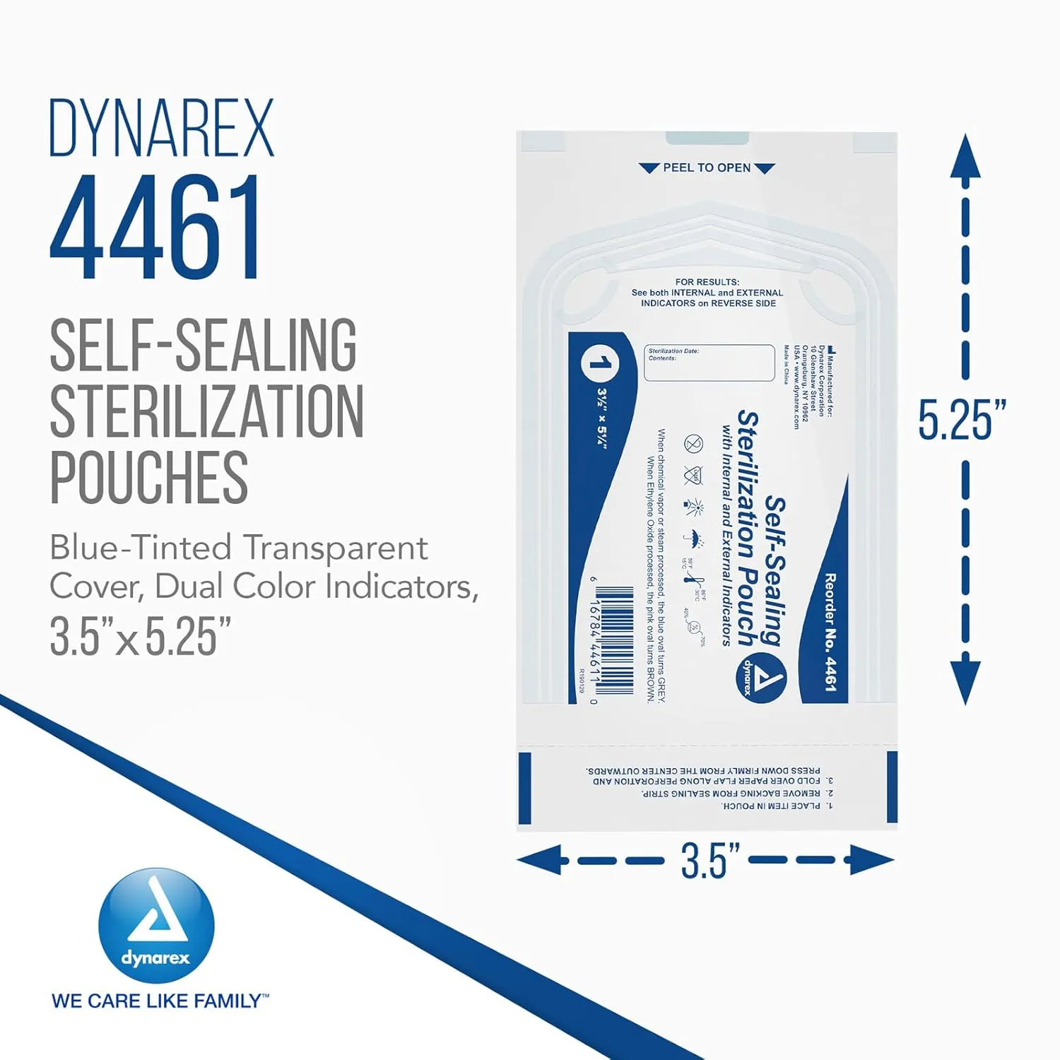 Dynarex Sterilization Pouches - Self-Sealing Autoclave Bags For Medical, Dental, Tattoo & Nail Care Tools - Blue-Tinted Transparent Cover, Dual Color Indicators (3.5" x 5.25", 200)
