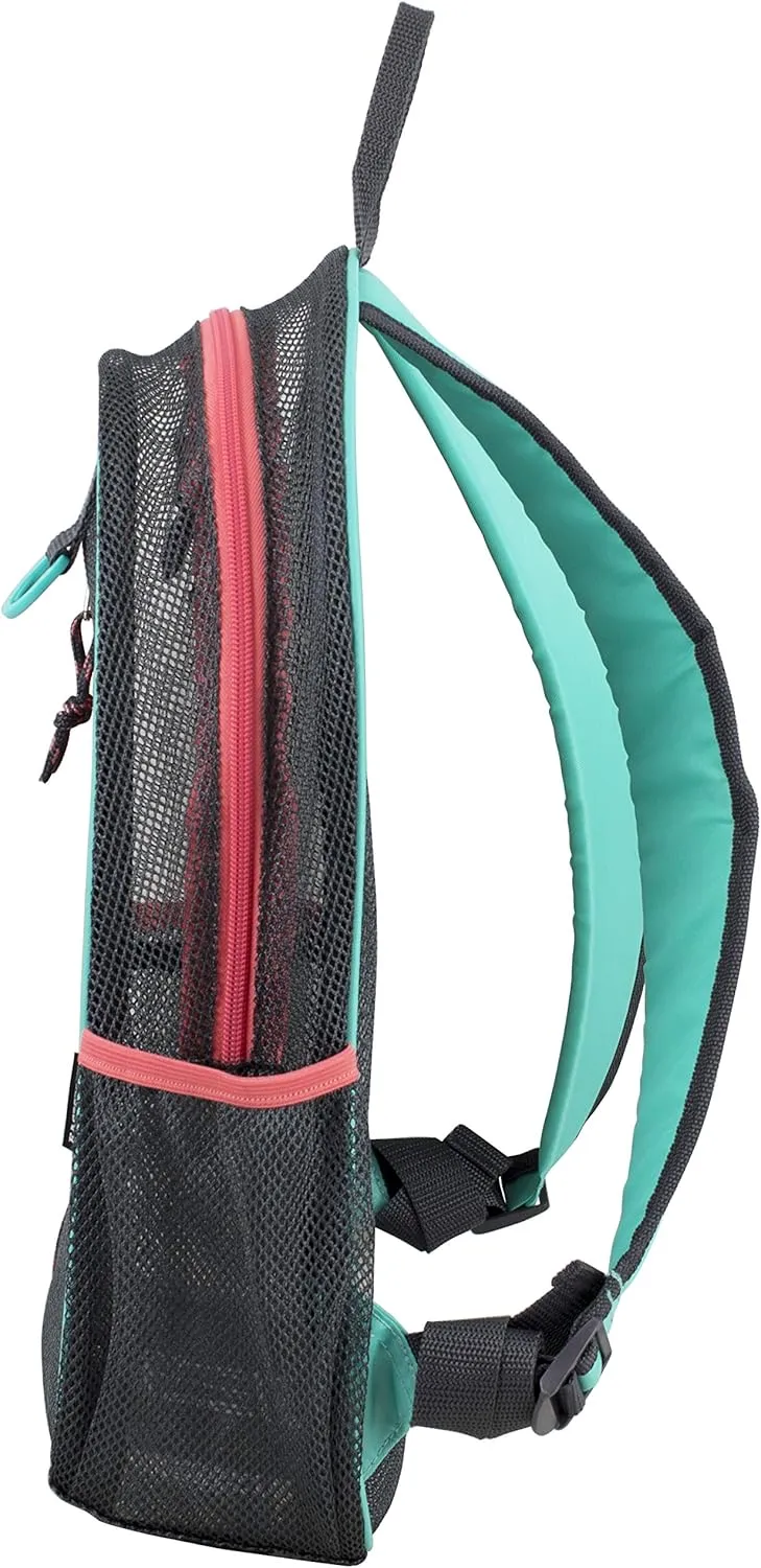 Eastsport Active Mesh Backpack See Through Semi Transparent with Adjustable Straps for Work, Travel, Security, Swimming and Beach - Grey/Turquoise/Sweet Coral