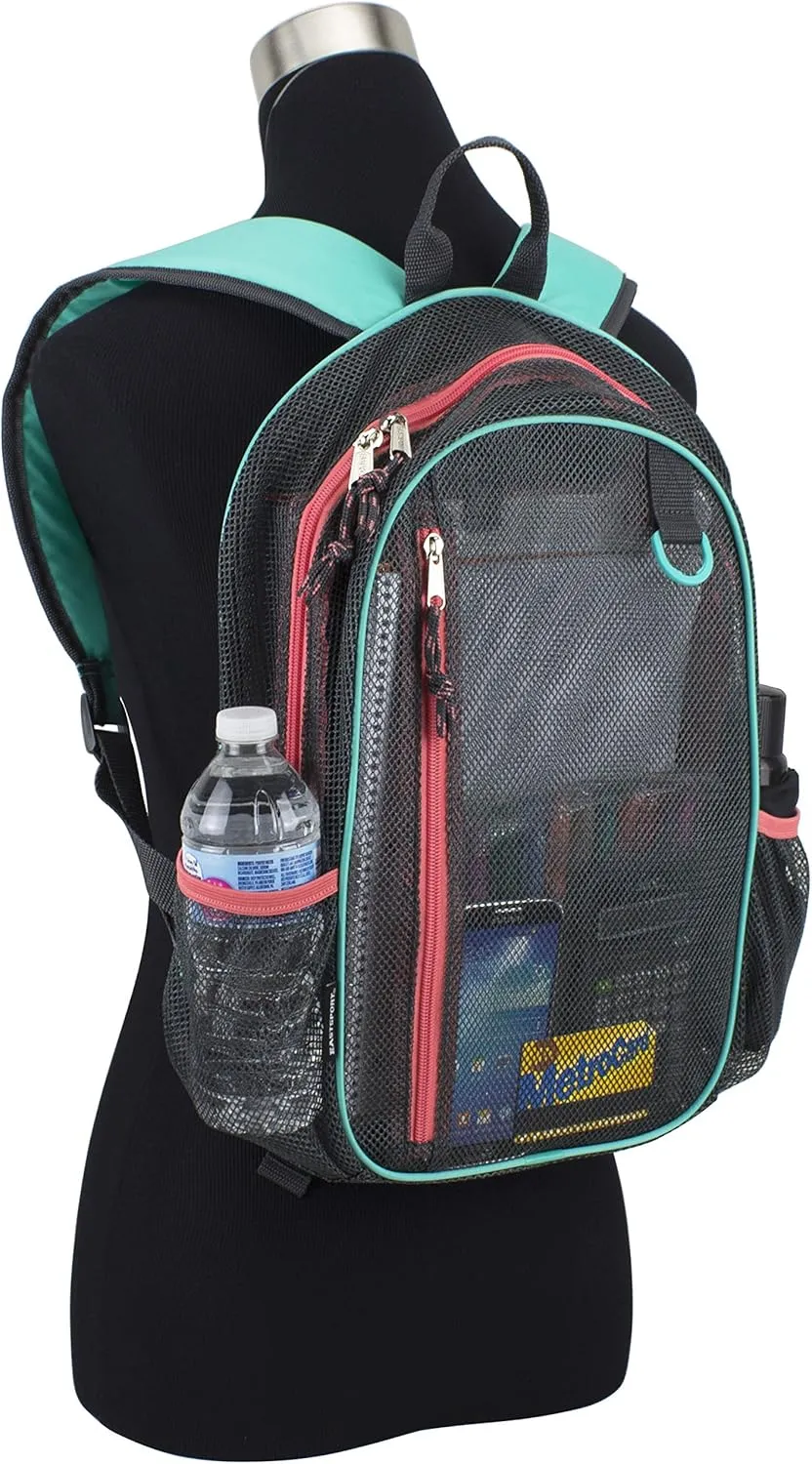 Eastsport Active Mesh Backpack See Through Semi Transparent with Adjustable Straps for Work, Travel, Security, Swimming and Beach - Grey/Turquoise/Sweet Coral